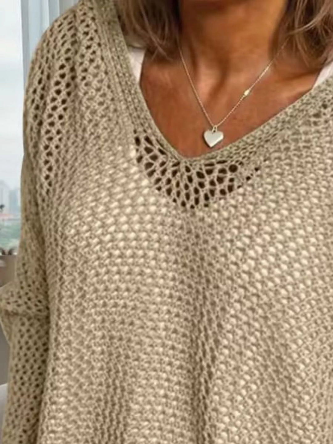Openwork knit hooded pullover cover-up with V-neck