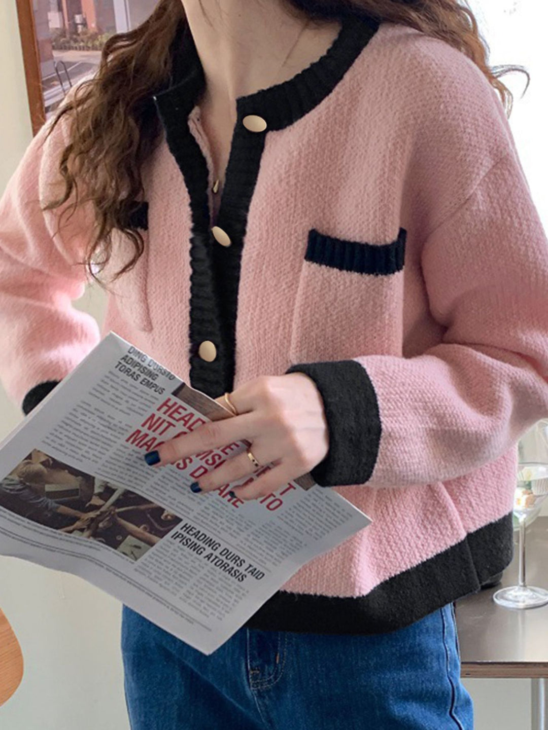 Contrast-trim button-up knit cardigan with patch pockets