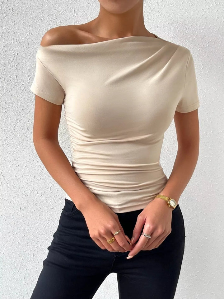 Beige Ruched asymmetric single-shoulder short sleeve top