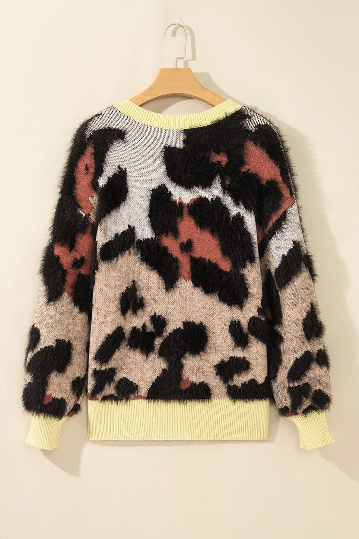 Fuzzy leopard print drop shoulder crew neck sweater