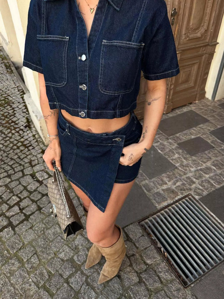 Contrast-stitch denim button-up crop shirt and skort set