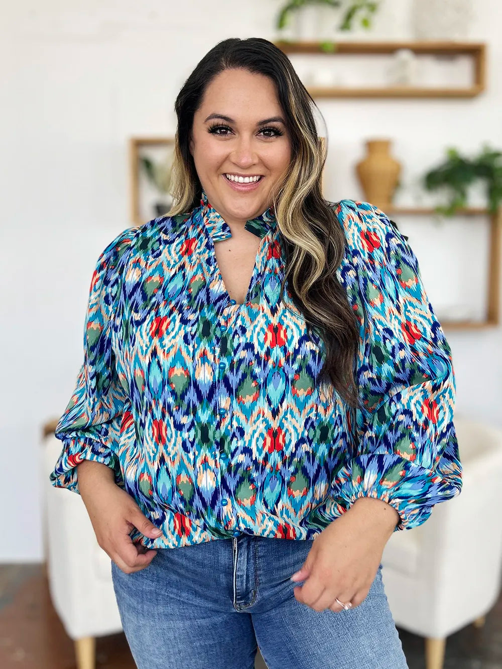 Abstract print balloon-sleeve button-down blouse