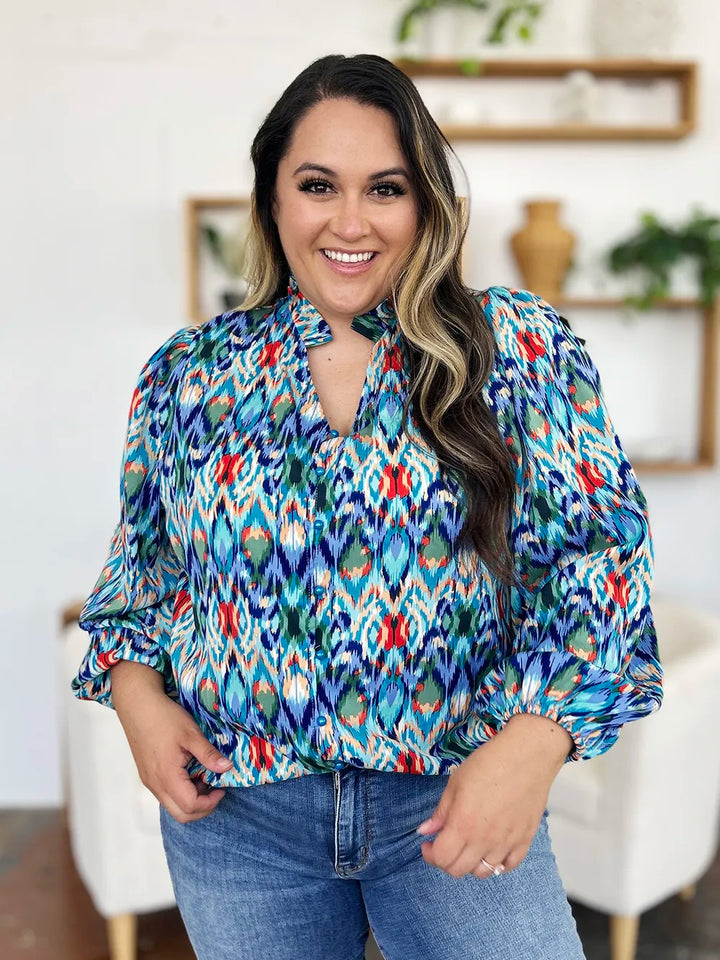 Abstract print balloon-sleeve button-down blouse