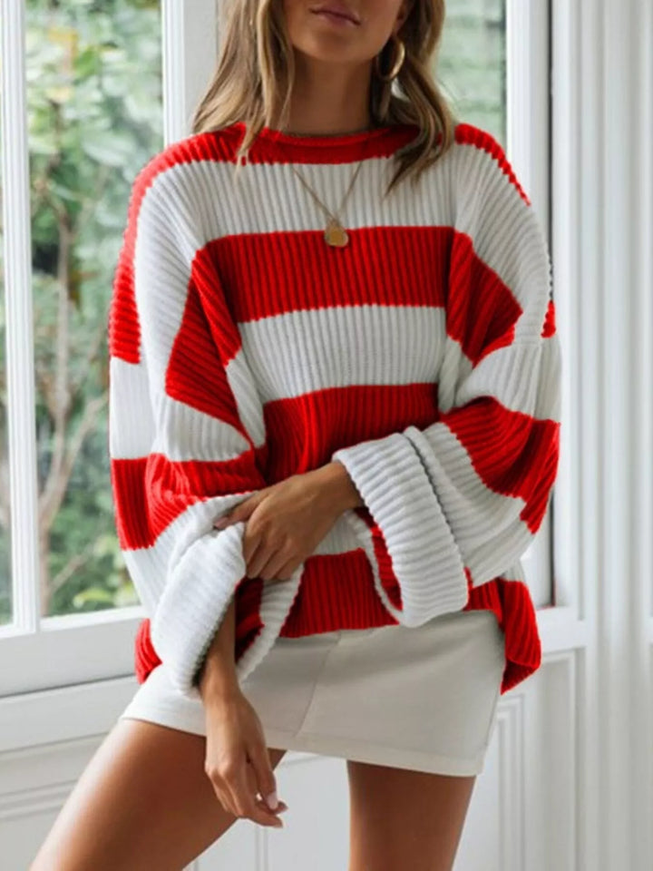 Red Oversized striped ribbed knit crew neck sweater