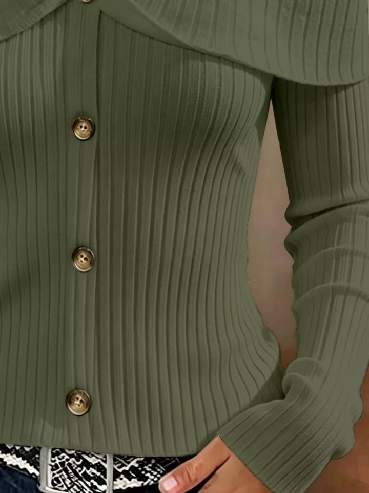 Cold shoulder ribbed knit top with foldover collar and buttons
