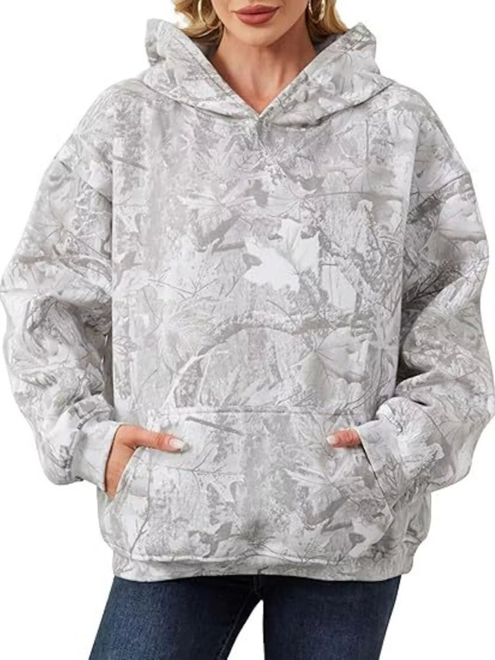 Grey Oversized leaf print pullover hoodie with kangaroo pocket