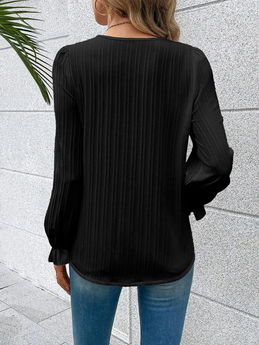 Lace-trim V-neck blouse with flounce sleeves