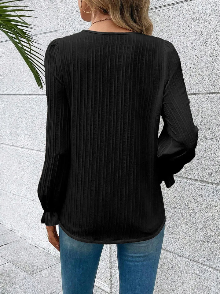 Lace-trim V-neck blouse with flounce sleeves