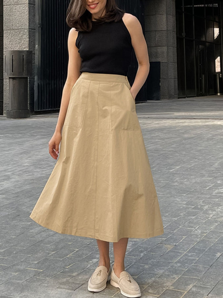 Tan High-waist cotton A-line midi skirt with front pockets