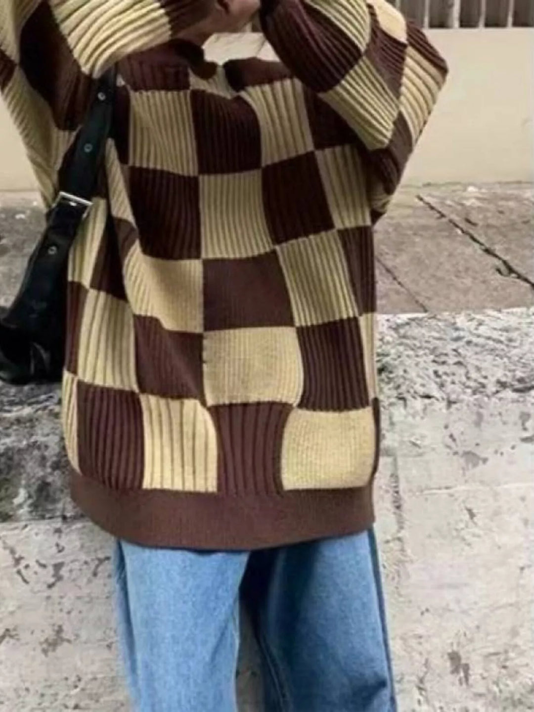 Checkerboard oversized ribbed knit sweater