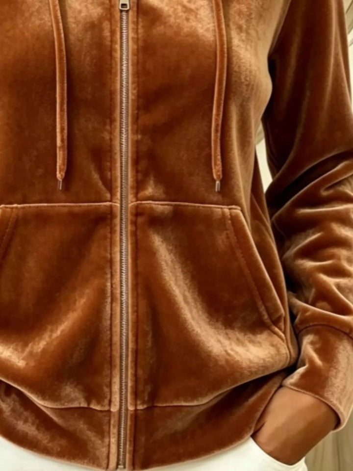Velvet zip-up hoodie jacket with drawstring and front pockets