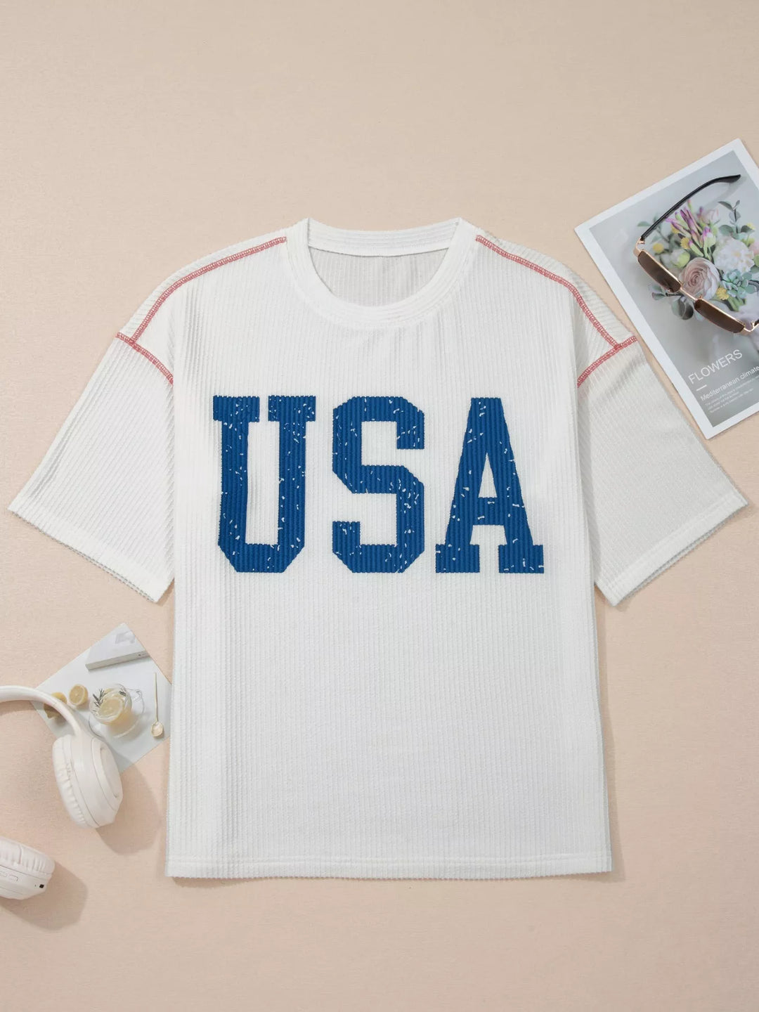 USA graphic ribbed short-sleeve top with contrast stitching