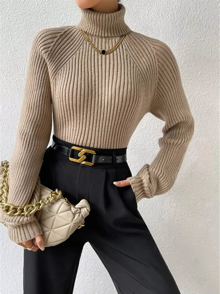 Ribbed knit turtleneck sweater with fitted long sleeves