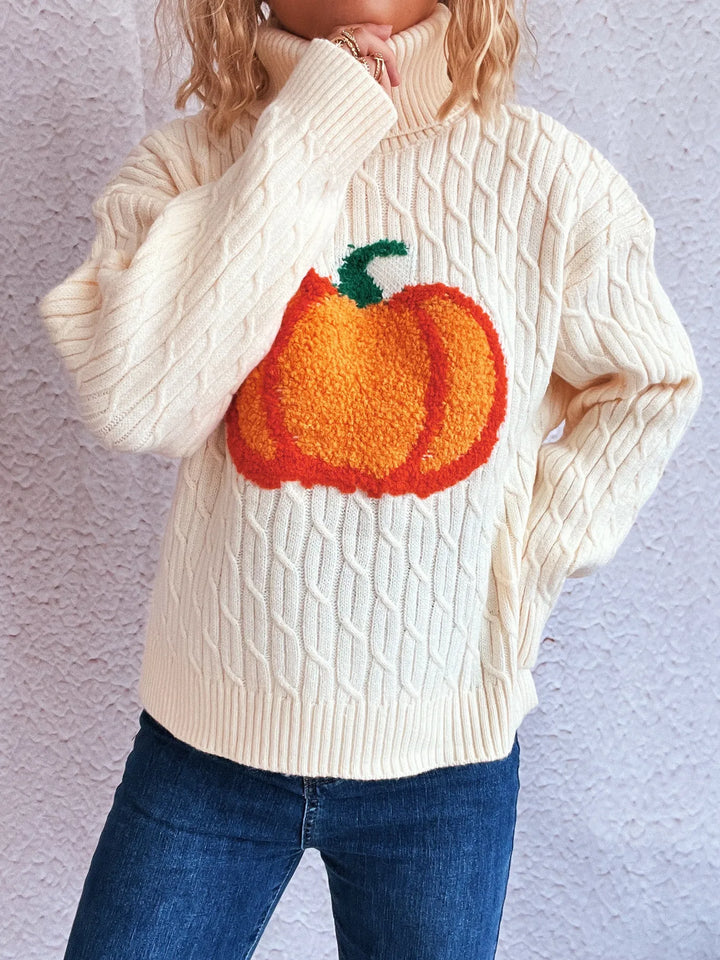 Pumpkin applique cable knit turtleneck sweater