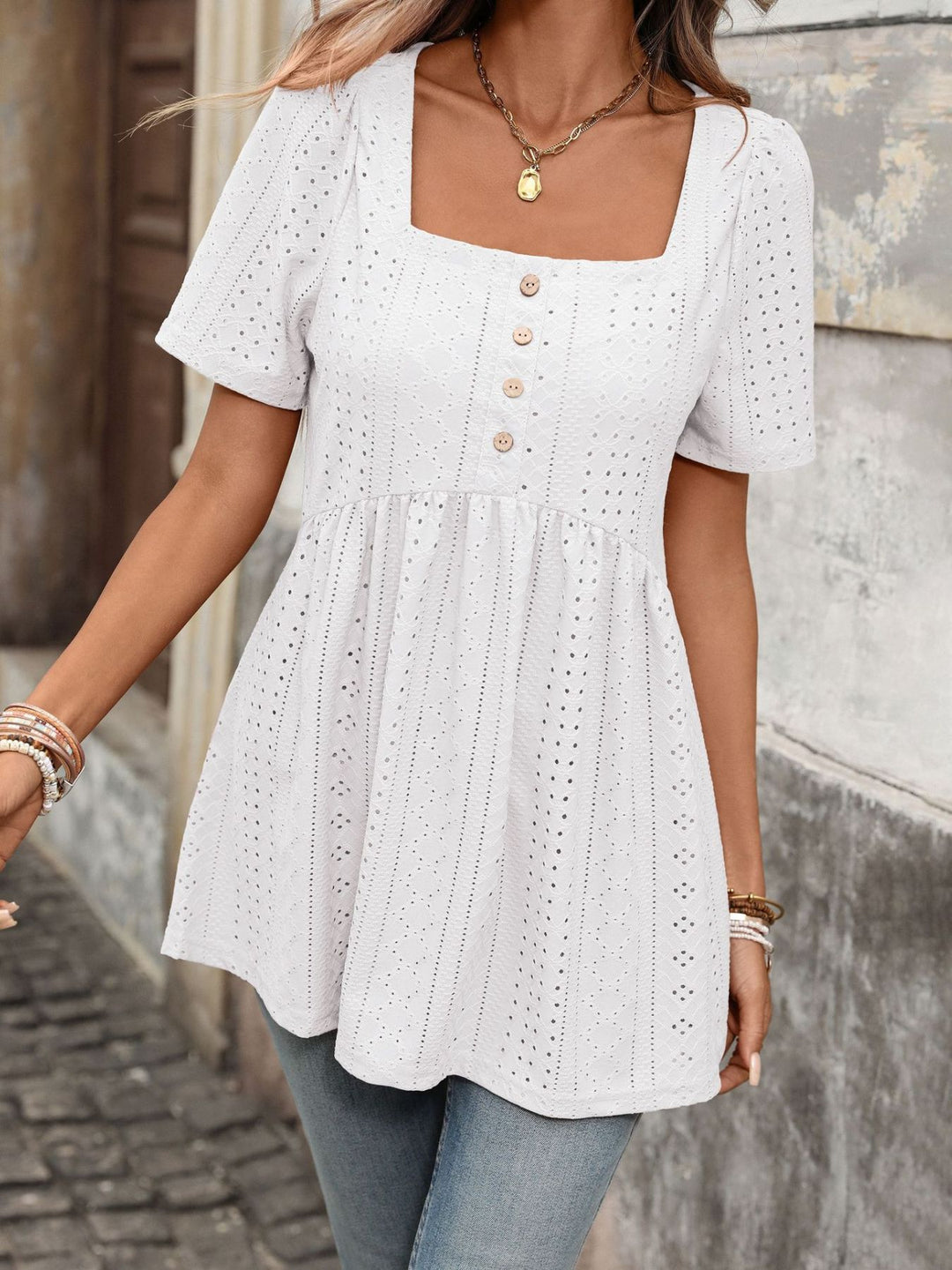 Eyelet square neck babydoll tunic with button placket