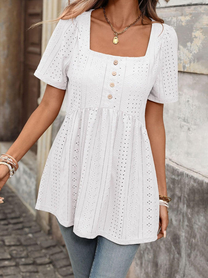 Eyelet square neck babydoll tunic with button placket