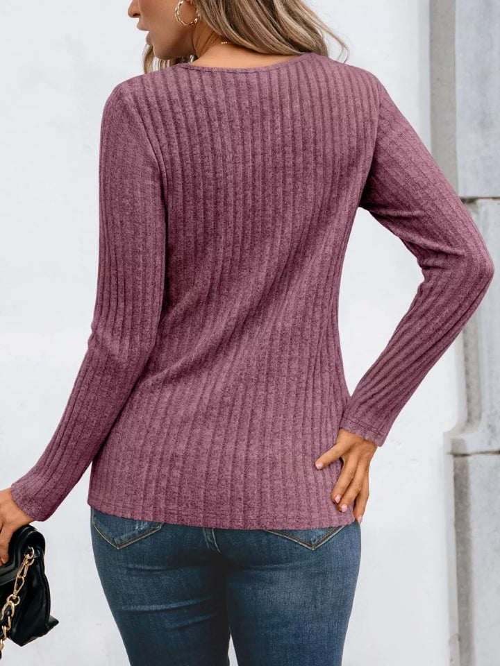 Ribbed knit long sleeve top with lace yoke
