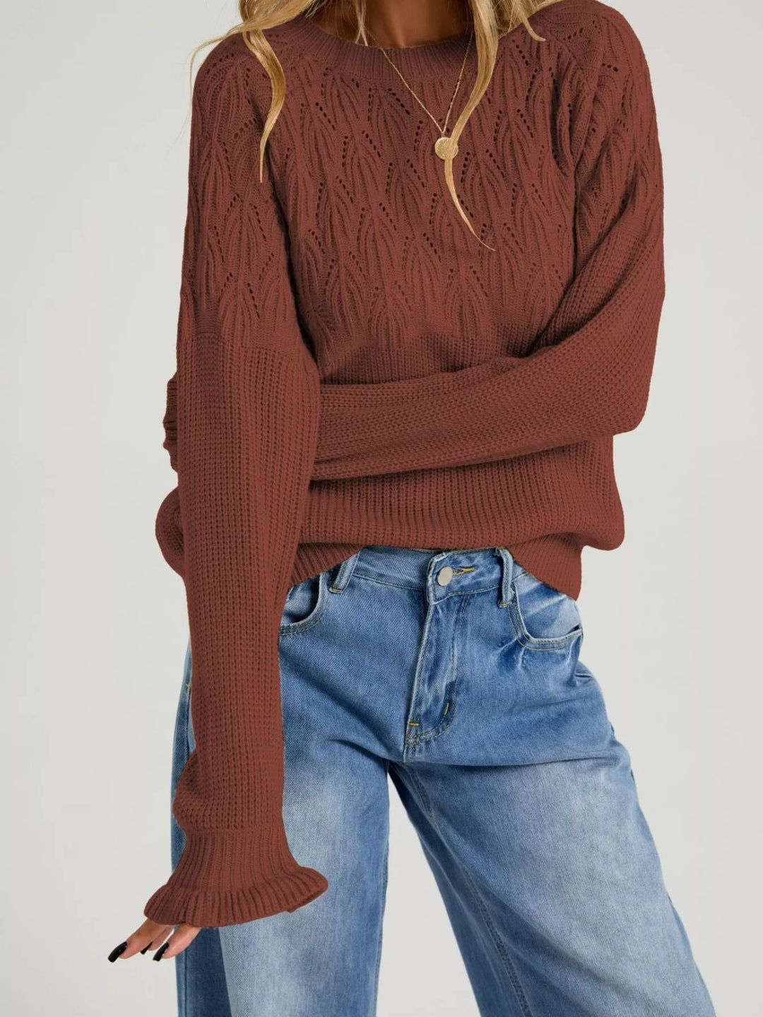 Rust Pointelle openwork knit sweater with ruffle cuffs