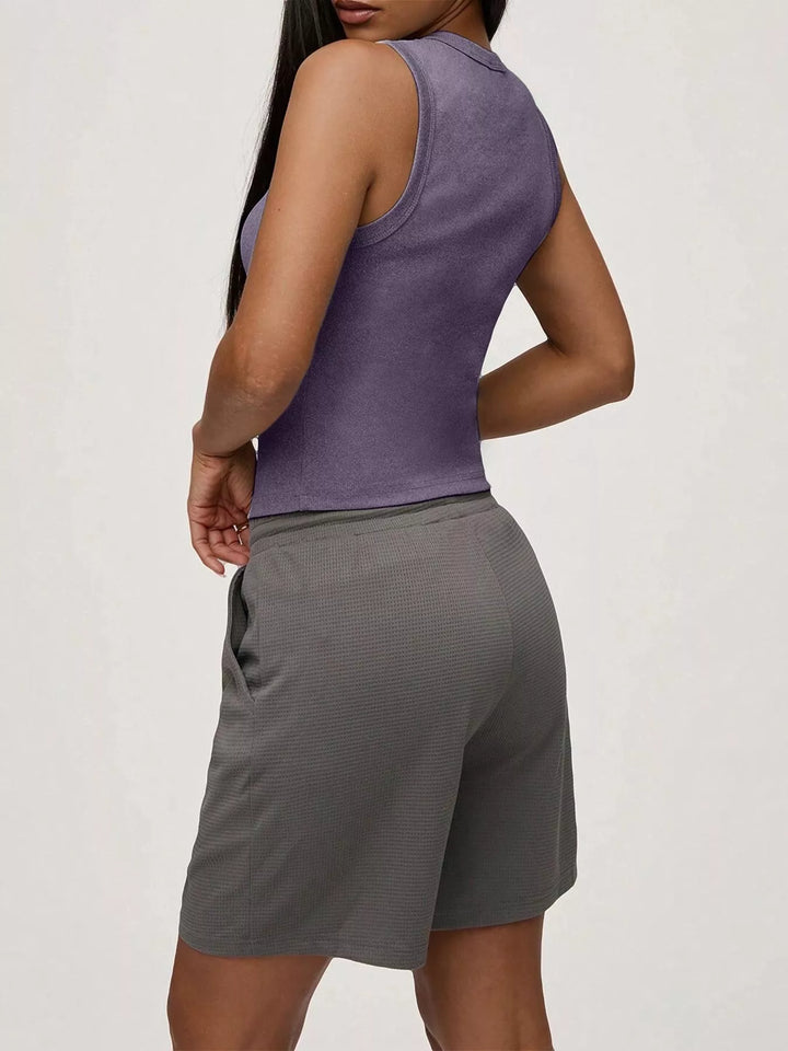 Ribbed mock-neck button-front sleeveless tank