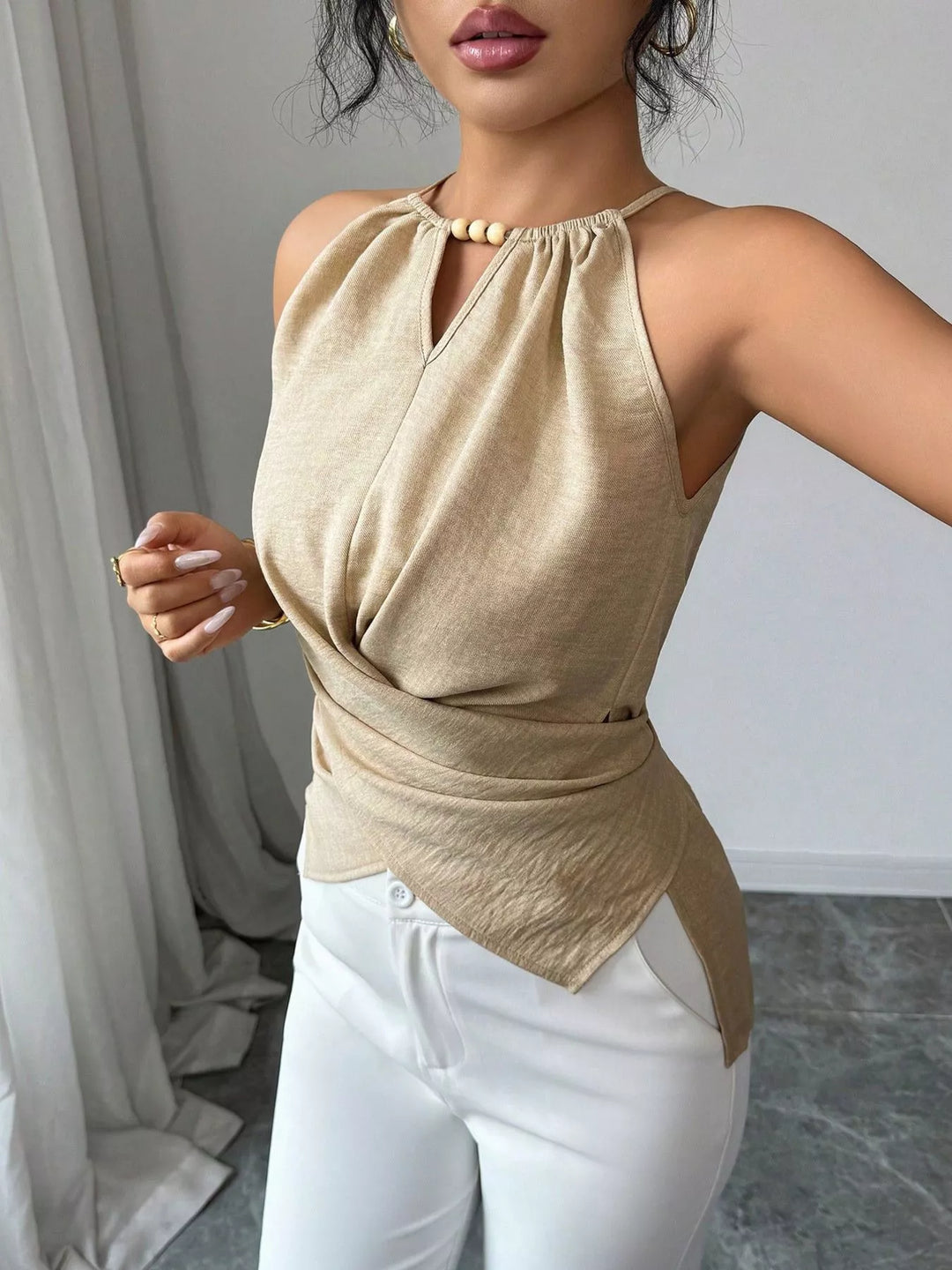 Crisscross wrap halter cami with bead neckline detail