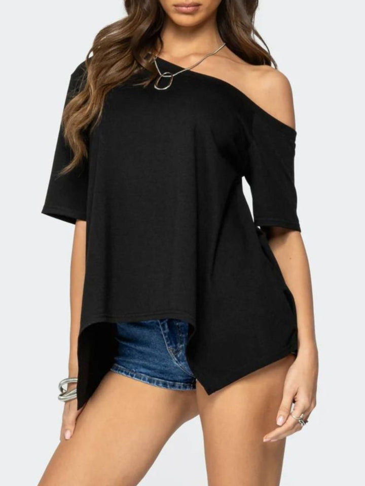 Off-shoulder asymmetric hem short sleeve top
