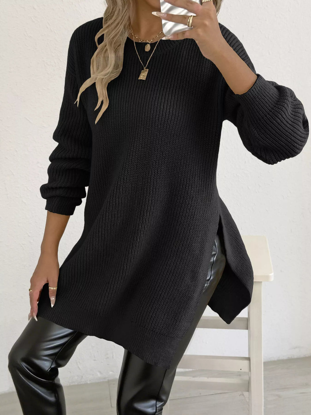 Side-slit ribbed knit tunic sweater with drop shoulders