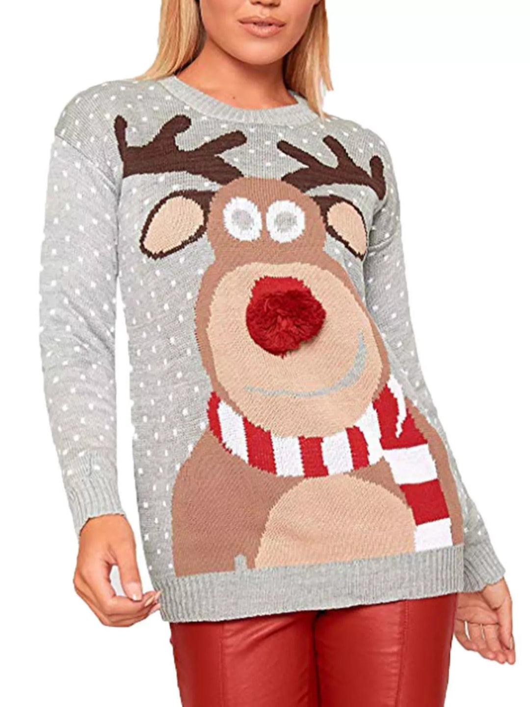Grey Reindeer graphic knit Christmas sweater with pom-pom nose