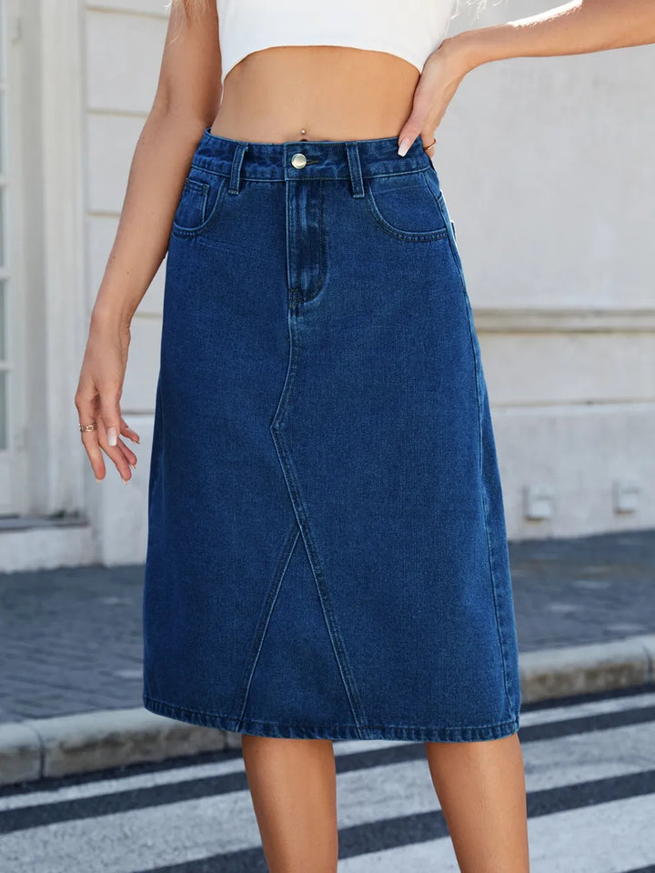 Dark Blue High-rise midi denim skirt with back slit and front pockets
