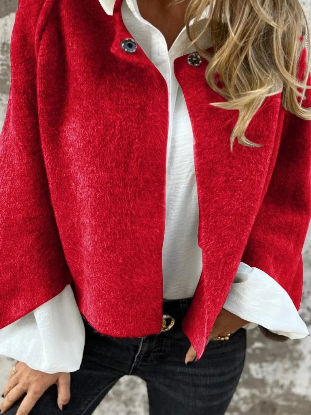 Red Dropped shoulder fuzzy knit button-front cardigan