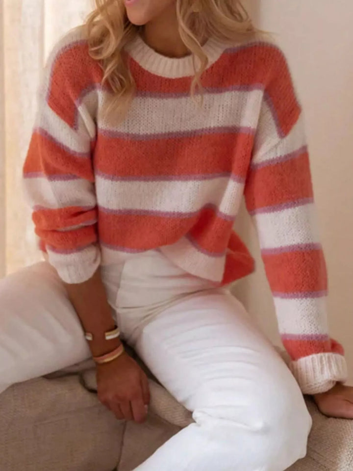 Burnt Coral Striped dropped-shoulder crewneck knit sweater