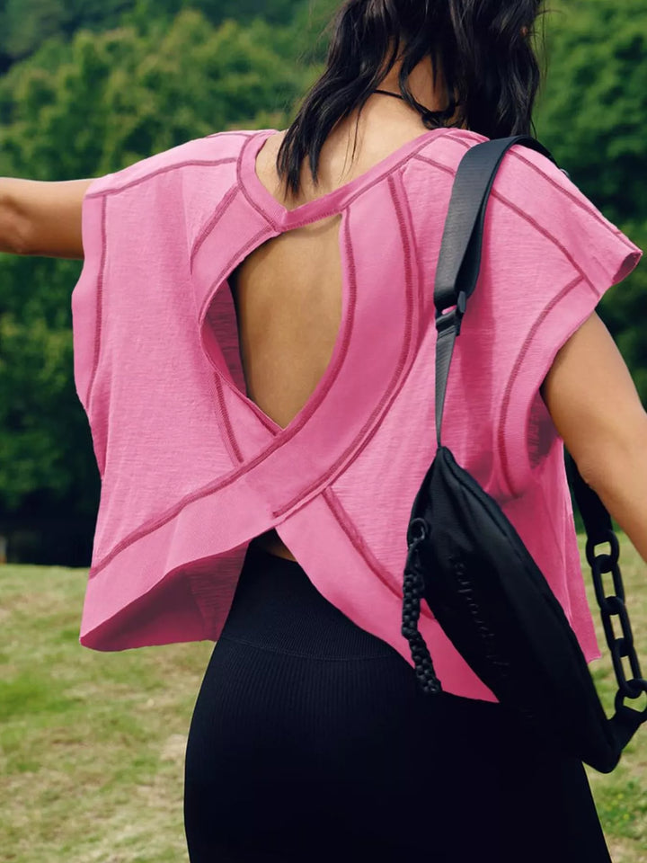 Cutout back boxy crew neck tee with exposed seams