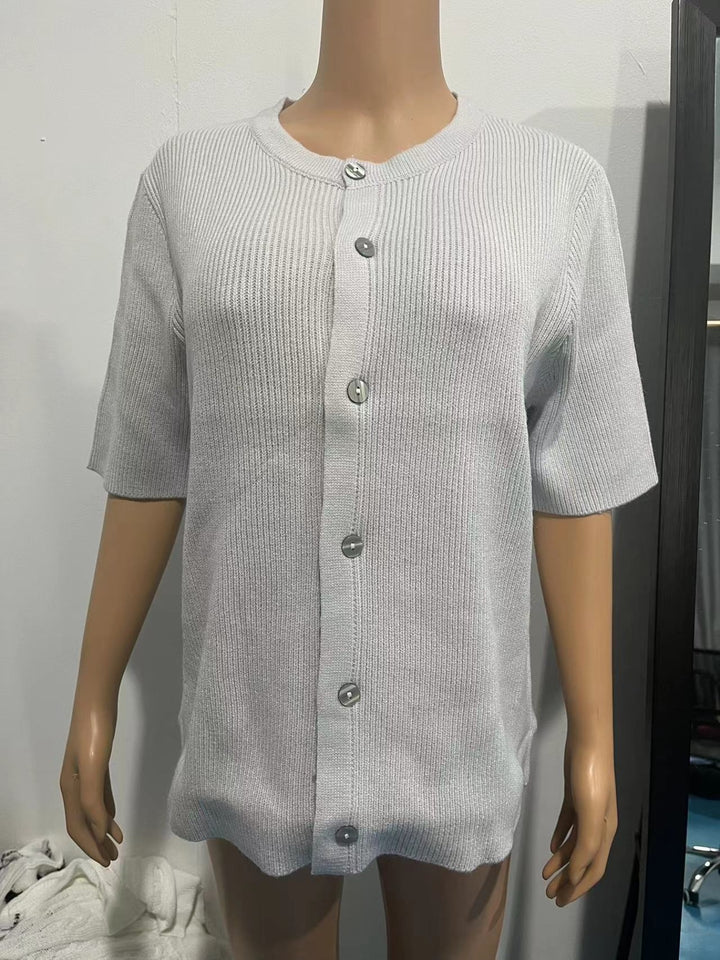 Ribbed knit short-sleeve button-down cardigan