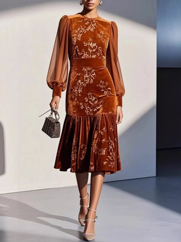 Caramel Color Floral velvet midi dress with sheer lantern sleeves