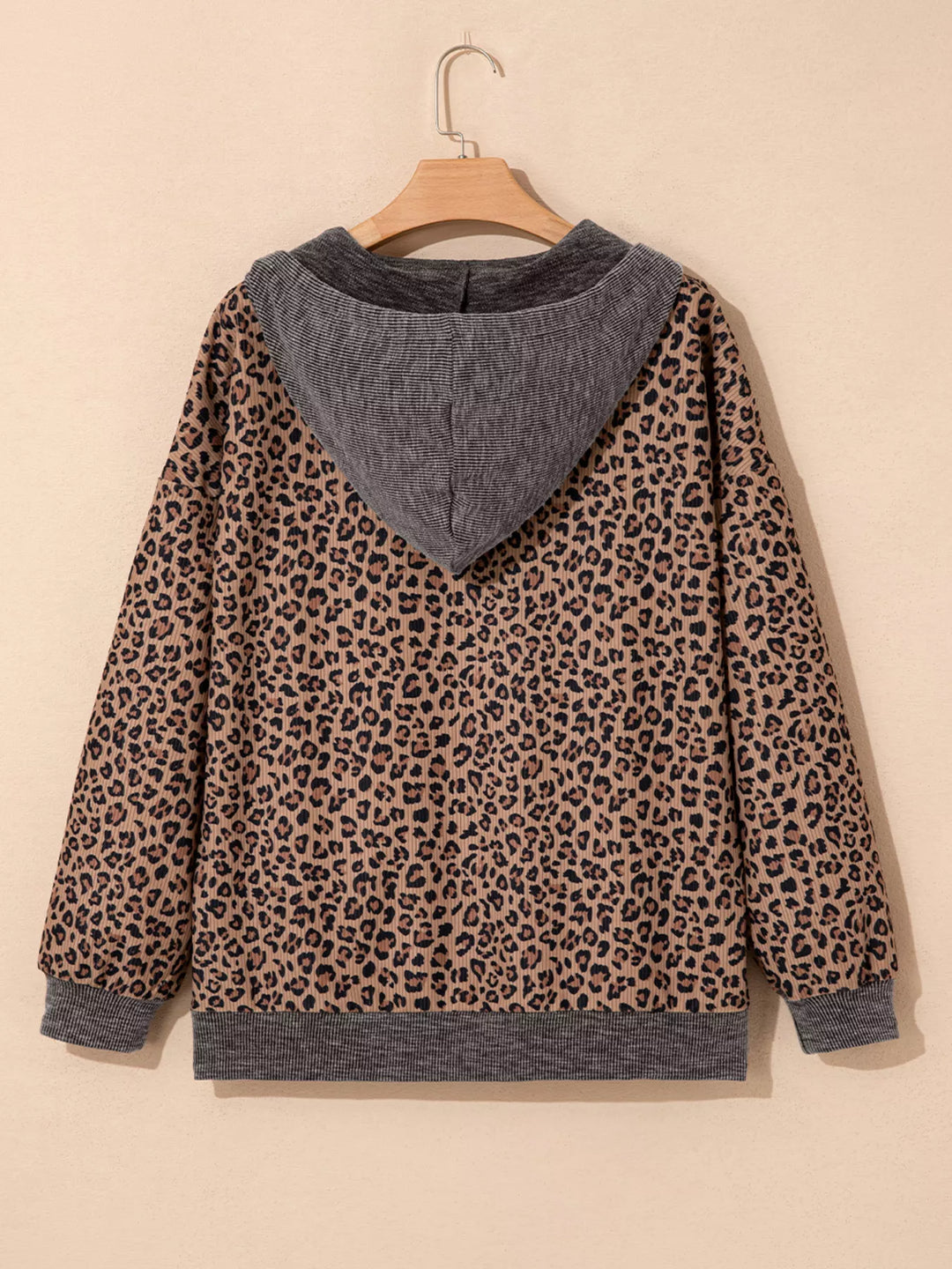 Ribbed leopard print half-zip hoodie with contrast hood