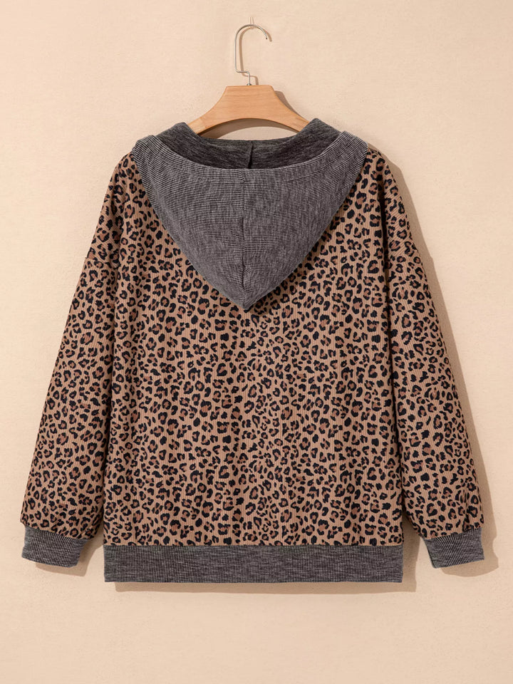 Ribbed leopard print half-zip hoodie with contrast hood