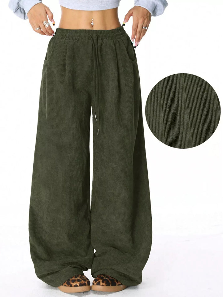 Wide-leg corduroy drawstring pants with pockets