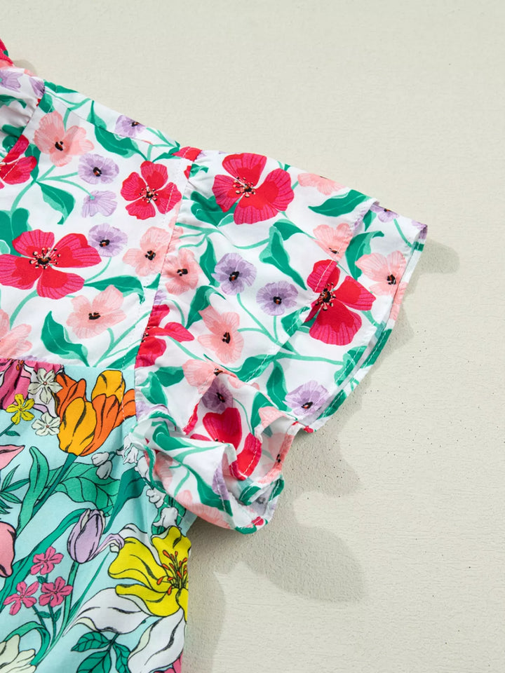 Floral flutter sleeve split-neck button-front blouse