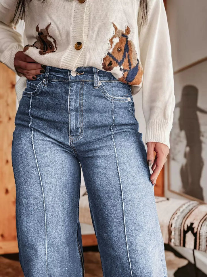 High-rise wide leg jeans with center seam and raw hem