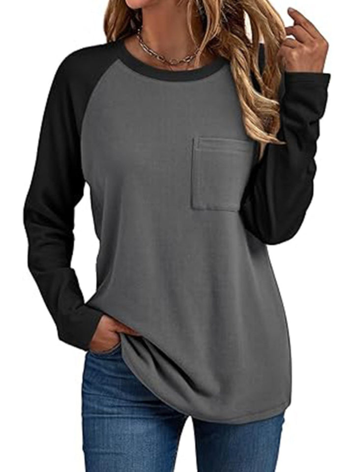 Gray Colorblock raglan long sleeve tee with chest pocket