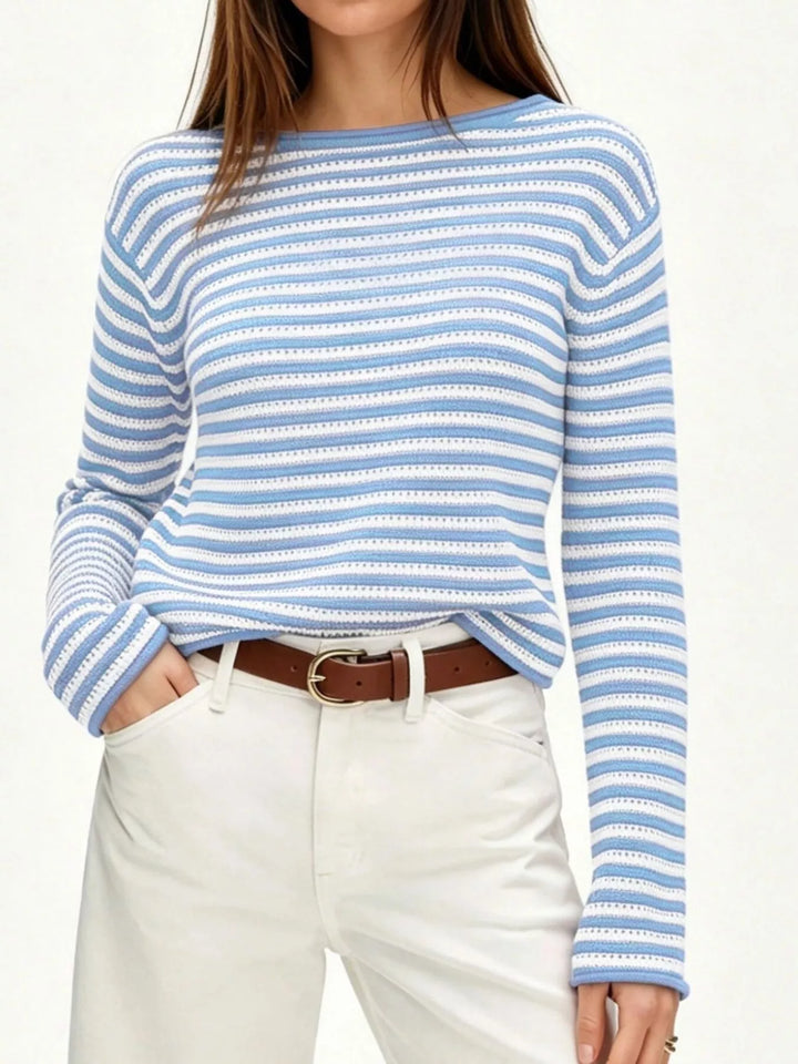 Blue Striped boat neck knit pullover sweater with pointelle texture