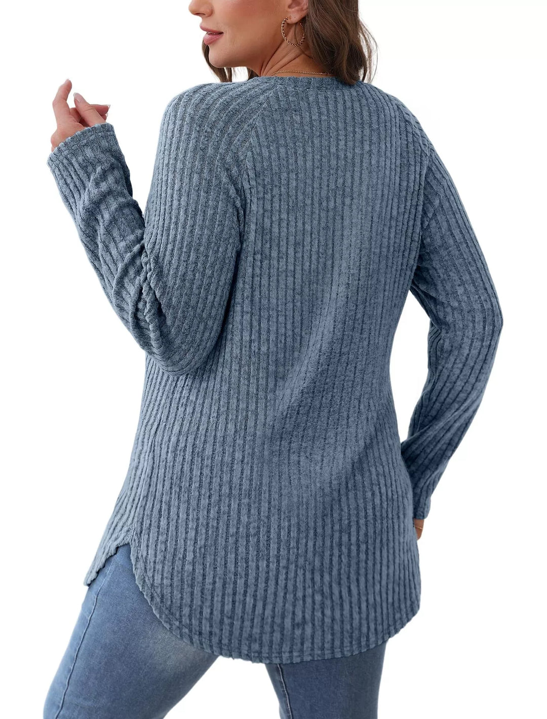 Ribbed knit crew neck long sleeve top with curved hem