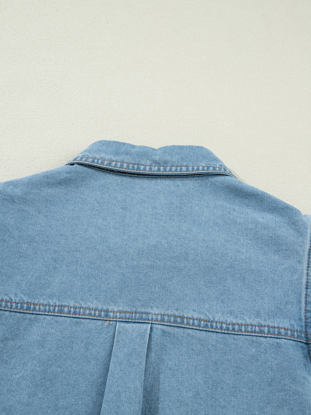 Ruffled cap-sleeve denim button-down shirt with flap pockets