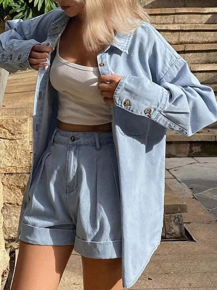 Oversized denim button-up shirt and cuffed shorts set