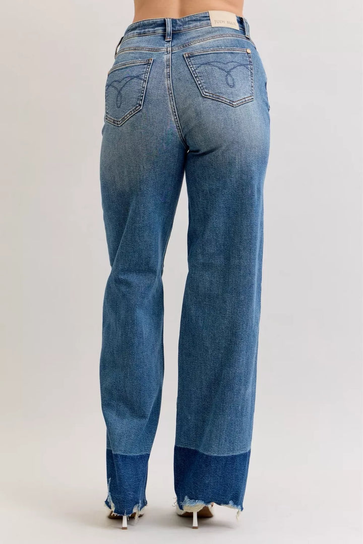 Raw hem high-rise column straight wide-leg jeans