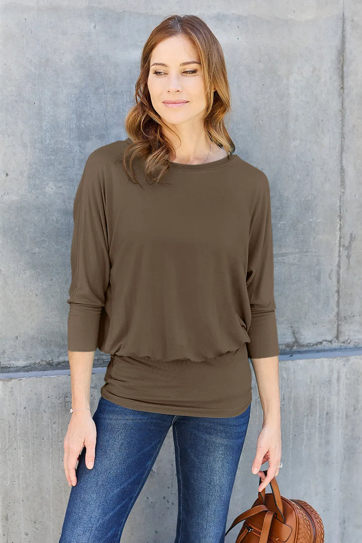 Brown Batwing sleeve top with banded blouson hem