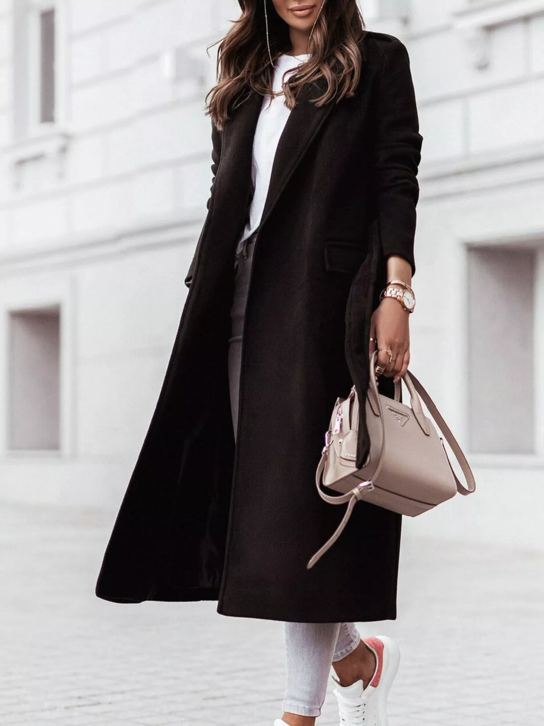 Black Tie-waist longline coat with notched lapels and pockets