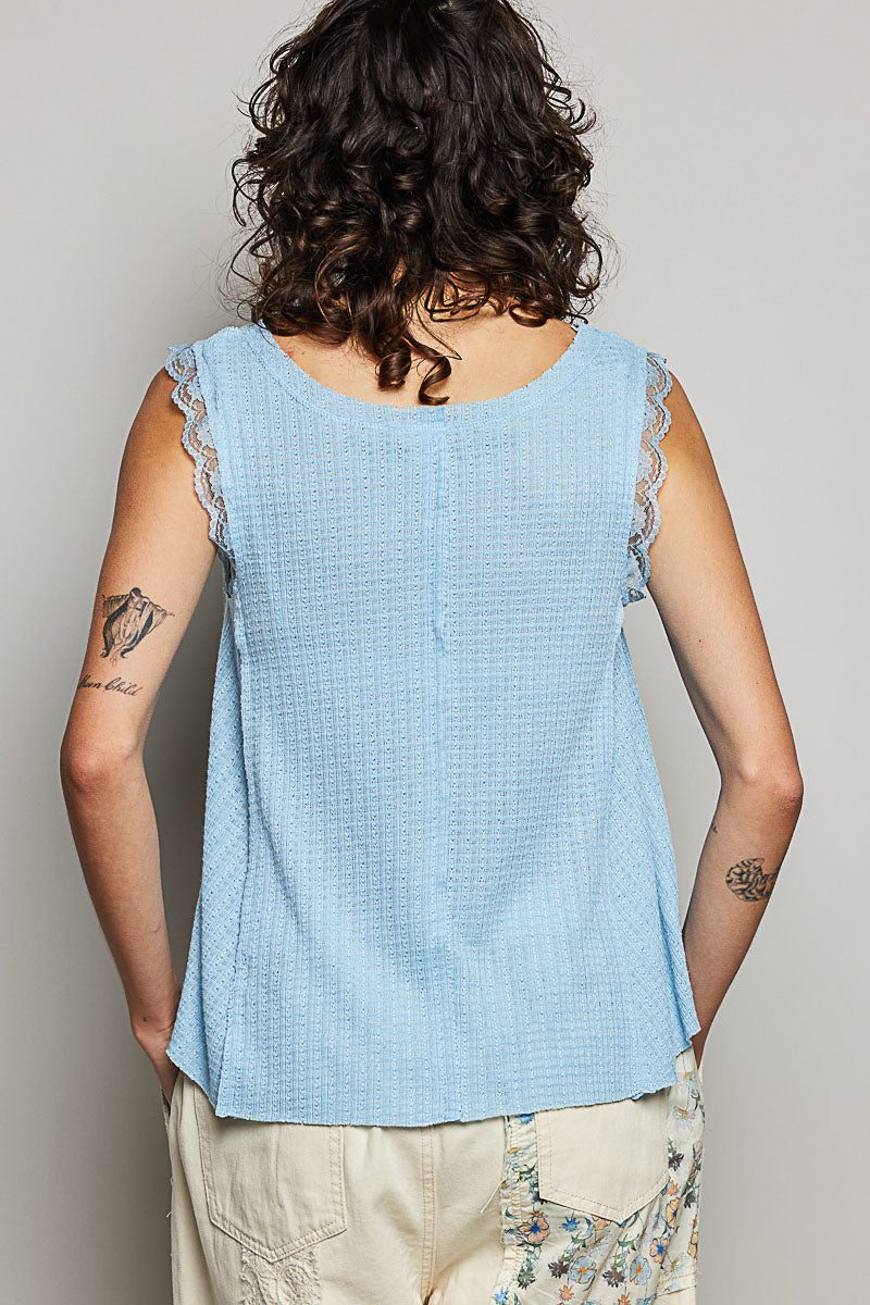 Textured knit tank with lace trim and button placket