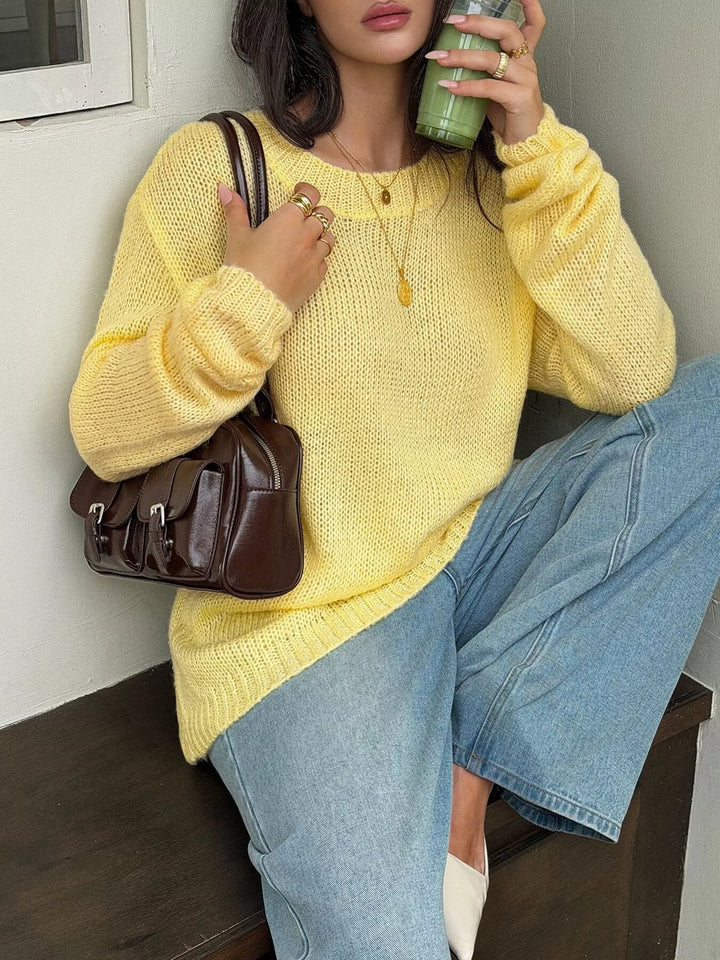 Open knit drop shoulder crew neck pullover sweater