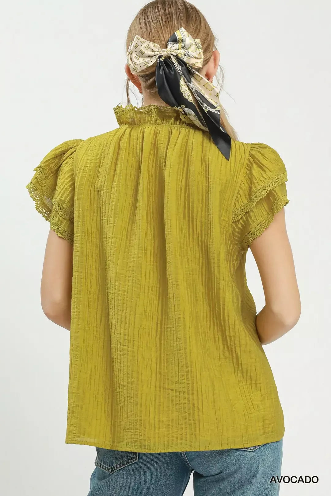 Double ruffle cap sleeve split V-neck top with lace trim