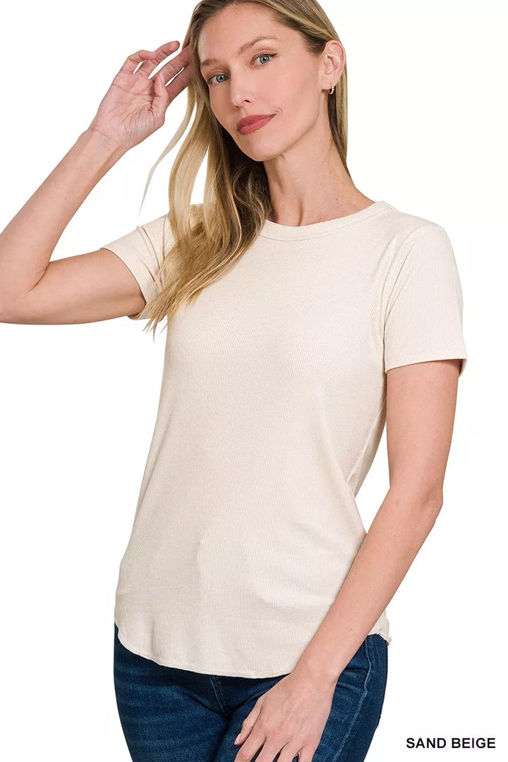 SAND BEIGE Ribbed round-neck tee with curved hem and short sleeves